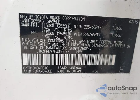 2015 Toyota Rav4 Le z USA, uszkodzony, nr VIN JTMZFREV7FJ053277